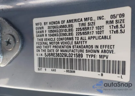 2009 Honda Cr-V Lx z USA, uszkodzony, nr VIN 5J6RE38329L021589